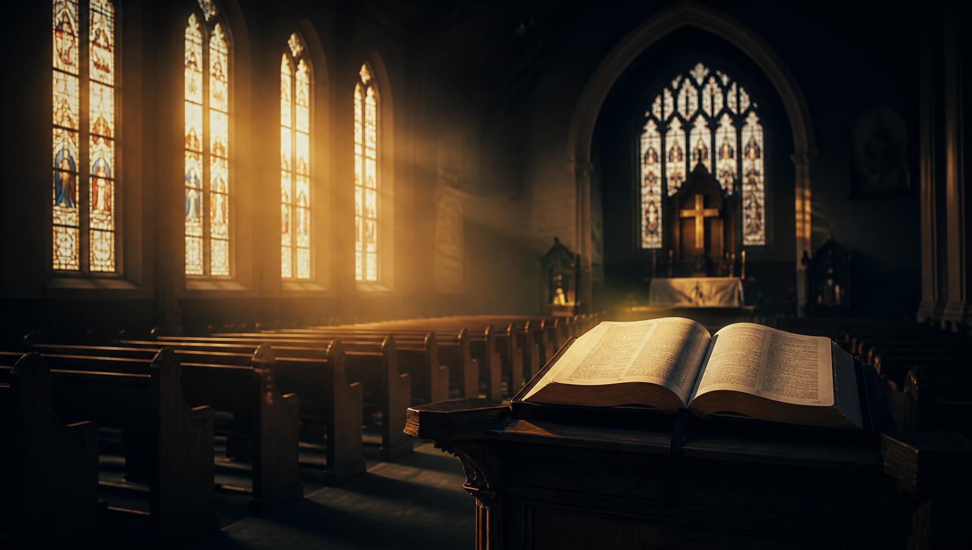 Sunlight through stained glass over an open Bible on a pulpit